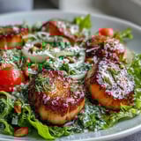 Plump scallops with a golden crust sit on a fresh escarole and tomato salad.