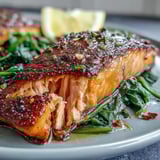 Perfectly cooked Air Fryer Salmon and Swiss Chard plated for dinner, featuring tender leafy greens and bright, citrusy accents.