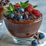 Cottage Cheese Chocolate Mousse Cups topped with fresh berries, a creamy and protein-rich dessert in elegant serving glasses.
