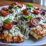 Savory cottage cheese flatbread pizza, baked to perfection and topped with fresh tomatoes, spinach, and basil for a nutritious twist.