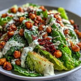Hearty vegan Caesar salad, a delightful plant-based meal with creamy dressing.