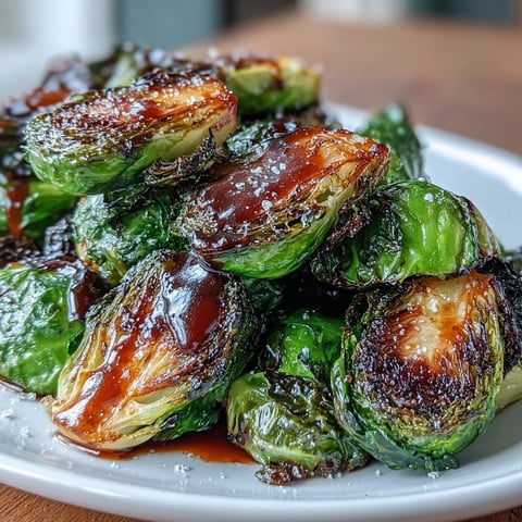 Roasted Brussels sprouts glistening with balsamic reduction, served golden brown on a platter.