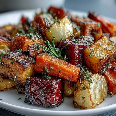 A close-up of golden roasted root vegetable medley glistening with olive oil and herbs on a white plate.