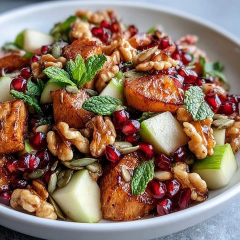 A close-up of Pomegranate and Walnut Salad glistening with olive oil and lemon dressing, topped with fresh mint.  