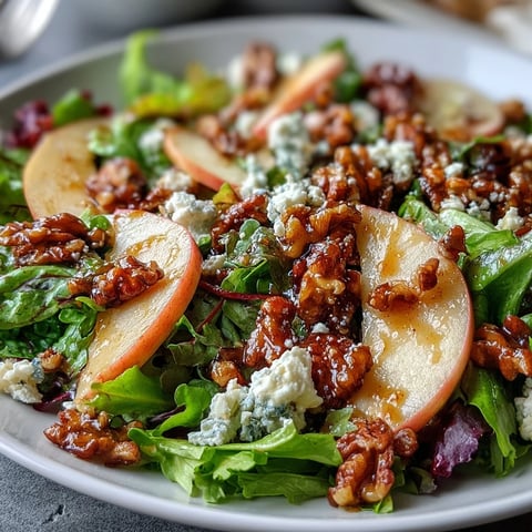 Thin slices of crisp Honeycrisp and Granny Smith apples are tossed with toasted walnuts, celery, and mixed greens, all coated in a tangy apple cider vinaigrette and topped with crumbled blue cheese for a refreshing winter salad.  