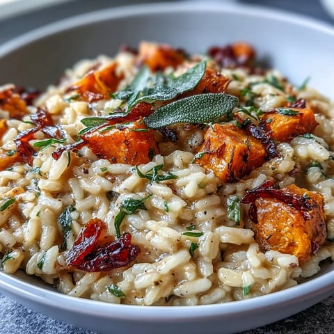 Creamy Vegan Pumpkin Risotto with crispy sage leaves served warm in a rustic bowl.