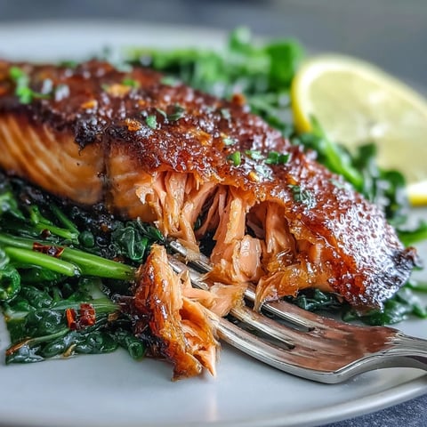 Golden-brown Air Fryer Salmon and Swiss Chard fillets with crisp skin over garlicky greens, garnished with fresh lemon wedges.