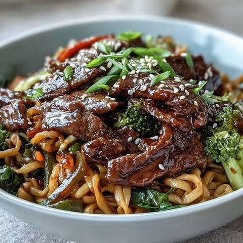 Bright, sizzling Korean Beef Noodles in a white bowl, garnished with green onions and sesame seeds for a flavorful weeknight dinner.