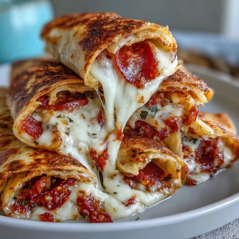 Golden-baked Tortilla Pizza Rolls are sliced open on a plate, revealing melted mozzarella and zesty pepperoni toppings.