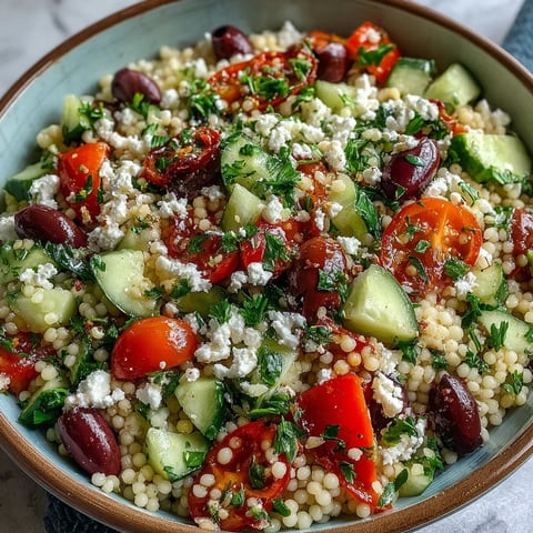 Bright Mediterranean Pearl Couscous salad in a white bowl with diced red bell pepper, cucumber, cherry tomatoes, and Kalamata olives.