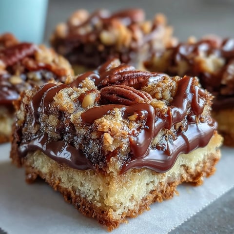 Freshly baked Decadent Sweet and Chewy Turtle Bars with gooey caramel, toasted pecans, and melted chocolate on a rustic wooden board.