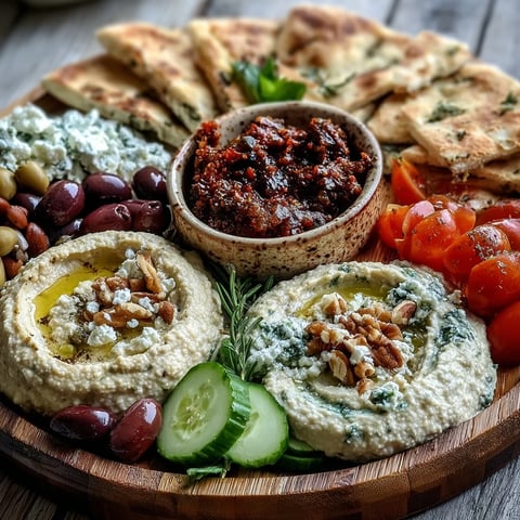 Colorful Mediterranean Brunch Board with creamy hummus, smoky baba ganoush, tangy tzatziki, fresh vegetables, feta, olives, and warm flatbreads for sharing.