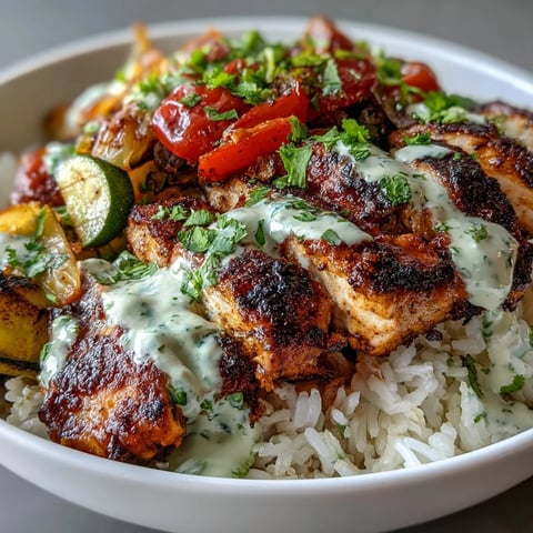 Flavorful blackened chicken bowl with colorful veggies and creamy lime drizzle.