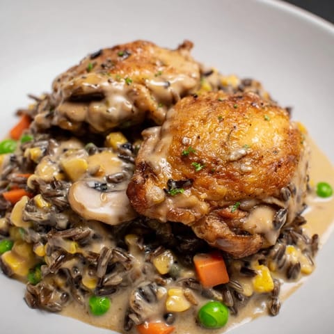 A golden, bubbly All-in-One Pan Creamy Chicken and Wild Rice dish straight from the oven.