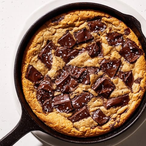 Golden-brown warm chocolate chunk skillet cookie, a bubbly dessert served straight from the hot skillet.