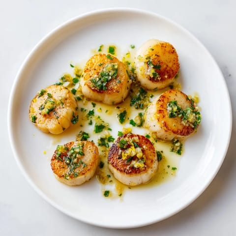 Close-up of perfectly seared scallops: crispy edges and tender insides, coated in delicious garlic butter sauce.