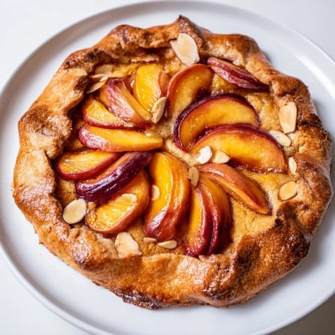 A beautiful Rustic Peach and Almond Tart with bubbling peaches and a delightful, sweet aroma.