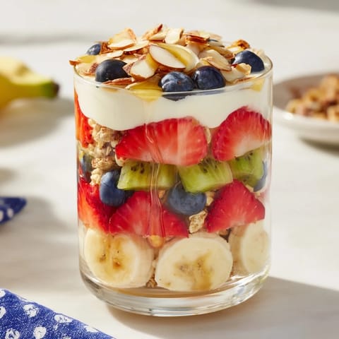 Freshly assembled layered yogurt fruit parfait, with colorful fruit and crunchy granola, ready to eat.