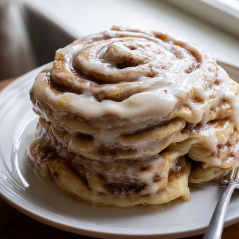 Fluffy Cinnamon Roll Pancakes with a warm cinnamon swirl, beautifully plated for a delicious breakfast.