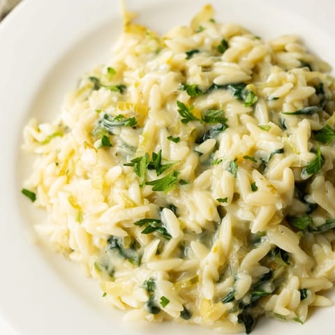 Delicious one-pot creamy orzo with a sprinkle of fresh parsley, ready for a cozy dinner.