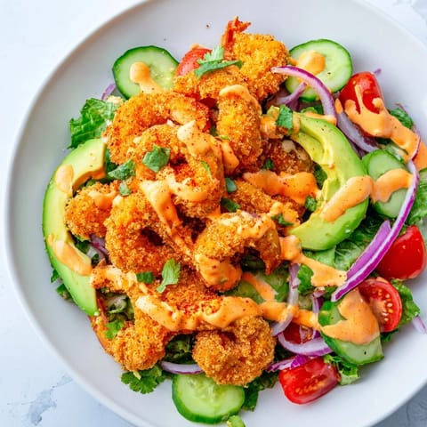 A close-up view of the Spicy Crispy Shrimp Salad: perfectly fried shrimp, creamy avocado, and vibrant tomatoes.