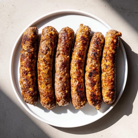 Close-up of juicy Romanian mici, showing the flavorful crust from grilling, perfect for a summer BBQ.