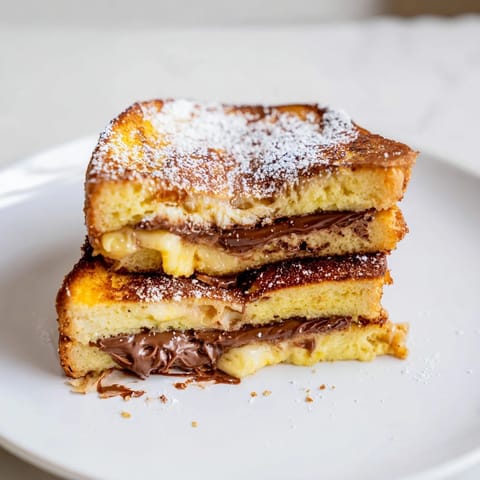 Nutella Brioche French toast with chocolate filling, drizzled with maple syrup in a sunny breakfast setting.