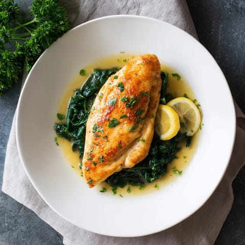 Golden-brown chicken cutlets drenched in silky lemon butter sauce, resting on a bed of wilted spinach leaves, garnished with fresh parsley.