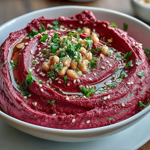 A bowl of vibrant roasted beet hummus, topped with olive oil and fresh parsley, paired with colorful vegetable dippers.
