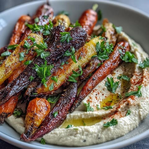 Close-up view of caramelized rainbow carrots beside a smooth hummus dip, perfect for a healthy Mediterranean snack.  