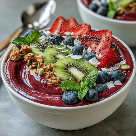 Thick, creamy Beet and Berry Smoothie Bowl with pumpkin seeds and shredded coconut, ready to enjoy for breakfast.