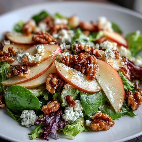 A close-up of Apple and Walnut Salad shows vibrant apple slices, crunchy walnuts, and emerald greens, with a light drizzle of dressing and a sprinkle of blue cheese crumbles.  