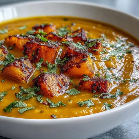 Roasted butternut squash and lentil soup with a velvety texture, bright turmeric hues, and a sprinkle of fresh herbs, perfect for chilly autumn evenings.