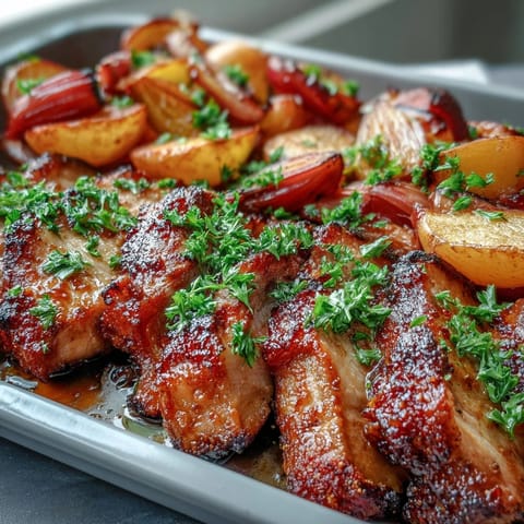 Thick slices of juicy pork shoulder roasted with vibrant rhubarb chunks, red onion wedges, and fresh ginger.