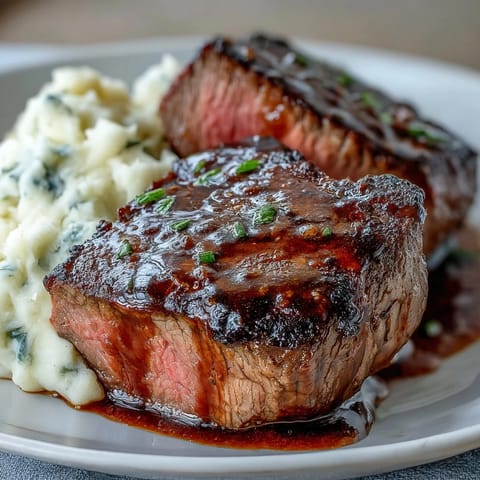 Perfectly seared venison steaks atop buttery swede mash with caraway seeds, ready to serve.