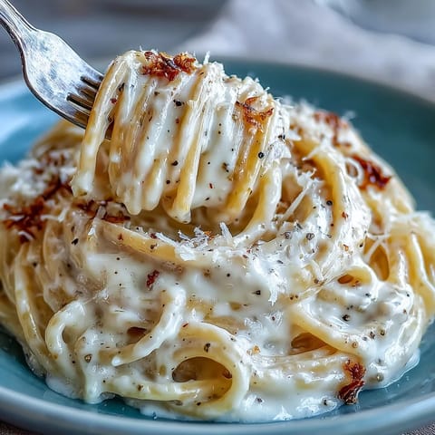 Fork twirling spaghetti cacio e pepe in a rustic Italian kitchen, showcasing the creamy Pecorino sauce and freshly cracked pepper.