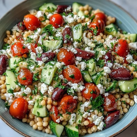 Cooled toasted pearl couscous tossed with feta, parsley, and a zesty oregano vinaigrette, served as a vibrant vegetarian lunch.