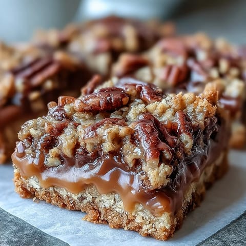 A close-up of Decadent Sweet and Chewy Turtle Bars showing golden crumb topping, rich chocolate pools, and caramel drizzle ready to serve.