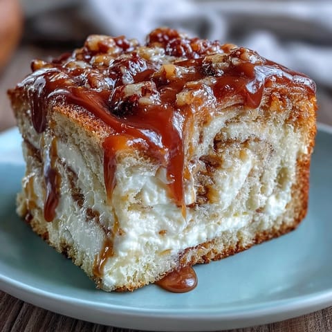 Warm Caramel Cream Cheese Bread slices on a plate, drizzled with caramel sauce and paired with a glass of milk.