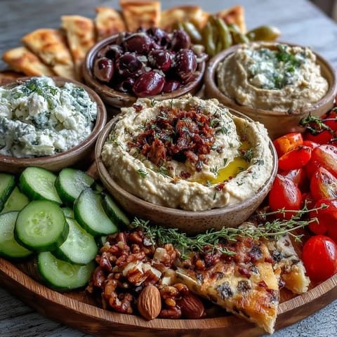 Savory Mediterranean Brunch Board featuring assorted dips, crisp cucumber and bell pepper slices, briny olives, and feta cheese ready for a festive gathering.