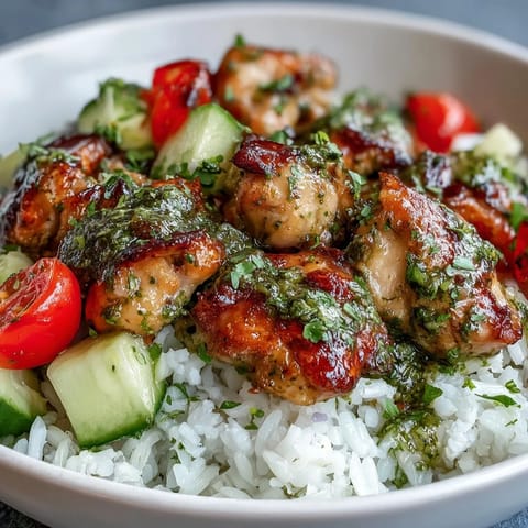 Freshly cooked Pesto Chicken Bowl features tender chicken coated in basil pesto nestled on fluffy rice with cherry tomatoes, cucumber, and avocado slices.