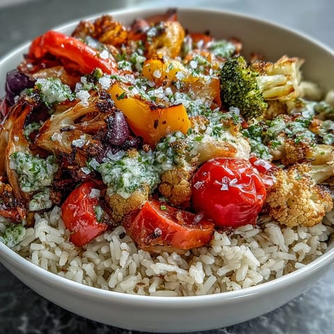 A vibrant bowl of roasted Rainbow Roasted Vegetable Bowl with brown rice and fresh herb drizzle.