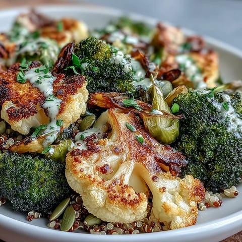 Golden roasted broccoli, cauliflower, and Brussels sprouts sit atop fluffy quinoa in a rustic Roasted Brassica Bowl, ready for a drizzle of tahini-lemon dressing.