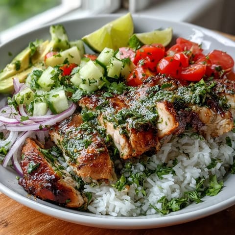 Flavorful Chimichurri Chicken Bowl, perfectly grilled chicken atop fluffy rice, vibrant toppings.