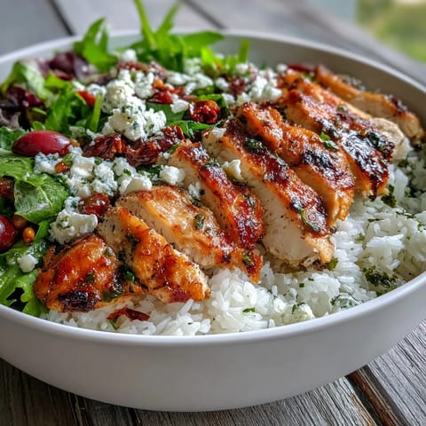 Flavorful sun-dried tomato chicken bowl with fluffy rice and vibrant toppings.