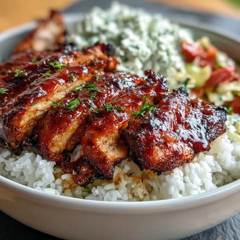 Vibrant BBQ Chicken Bowl with fluffy rice, crisp coleslaw, and golden roasted vegetables on a plate.