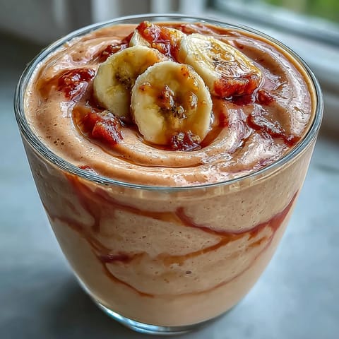 A blender jar filled with smooth Guava Banana Smoothie beside whole guavas and ripe bananas on a marble countertop.