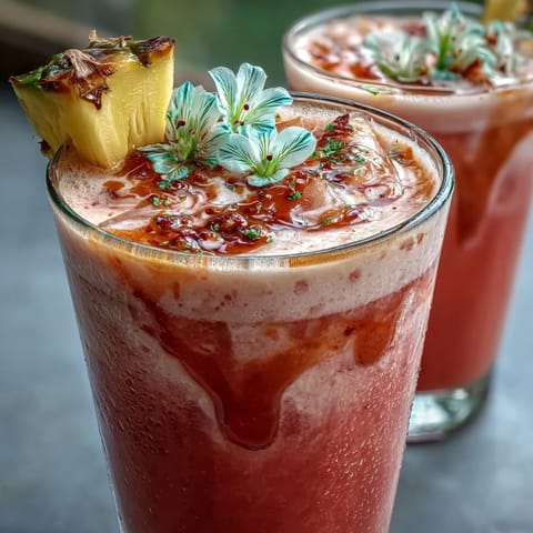 Frosted tall glass of Iced Guava Passionfruit Drink with fresh pineapple garnish, a creamy tropical refreshment inspired by Starbucks.