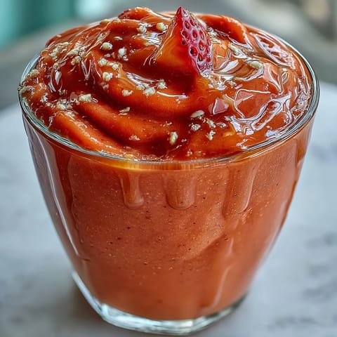 Guava juice smoothie blended with Greek yogurt and honey, topped with fresh mango and mint.