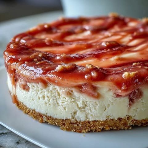 A whole Guava Cheesecake rests on a marble counter, garnished with fresh mint leaves and ready to serve. 